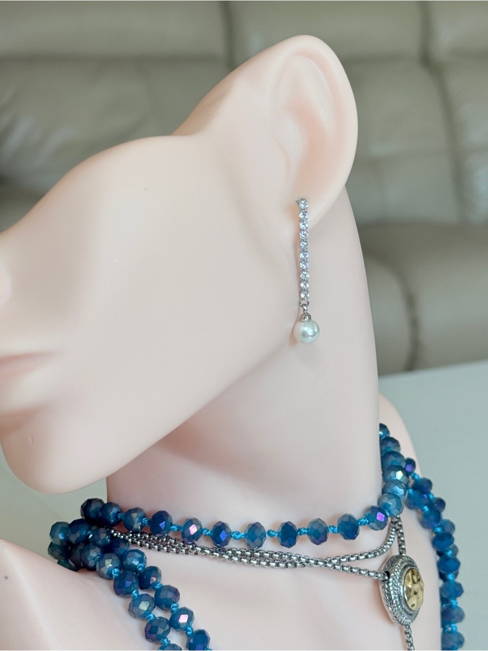 Silver Crystal Line Drop Earrings with Pearl